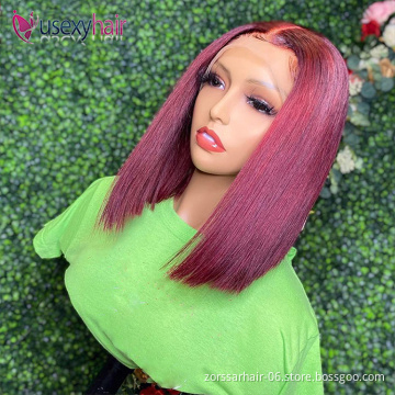 Top quality silk top straight pre plucked hd lace frontal wig new design short human hair bob wigs transparent  99j lace front w